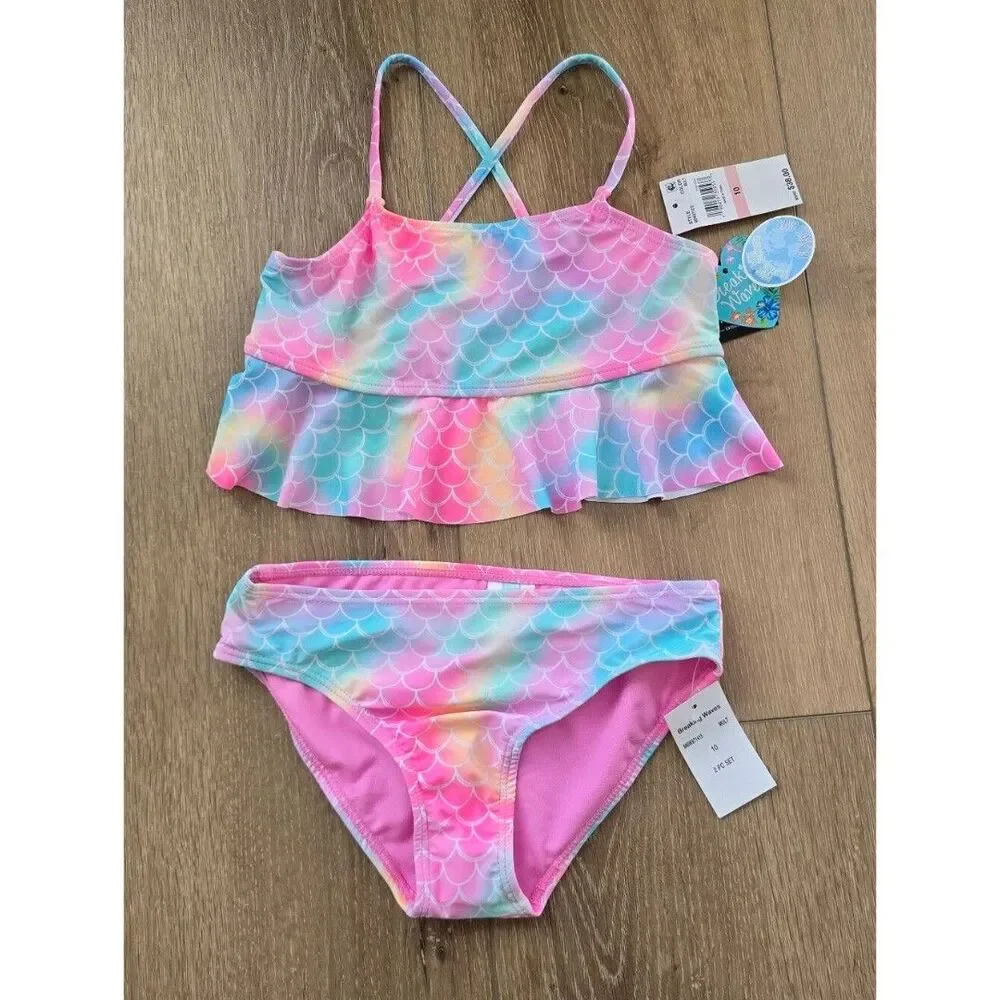 Breaking Waves Girls Peplum Tankini Top & Scoop Bottom Swimsuit 8 10
